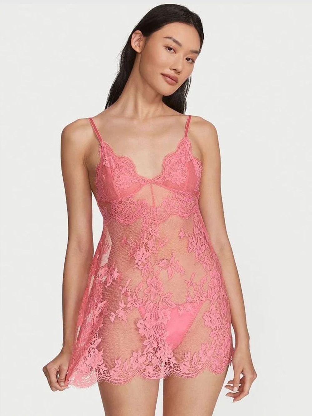 Victoria's Secret Hot Pink Floral Eyelash Lace Sheer Slip Lingerie Size Small
